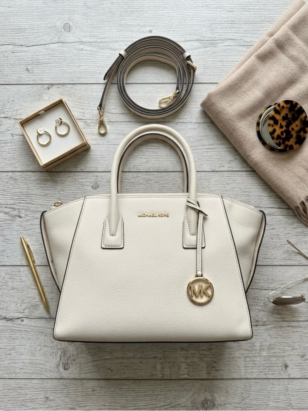 Michael Kors Cream Leather Satchel with Gold Accent Charm